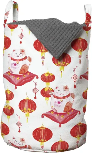 Ambesonne Japanese Cat Laundry Bag, Asian Traditional Maneki Neko Cultural Watercolor Painting Pattern, Hamper Basket with Handles Drawstring Closure for Laundromats, 13" x 19", Dark Coral and Yellow