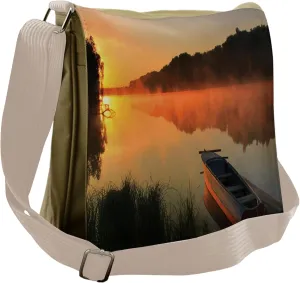 Ambesonne Lake Messenger Bag, Boat on Misty Shoreline, Unisex Cross-body