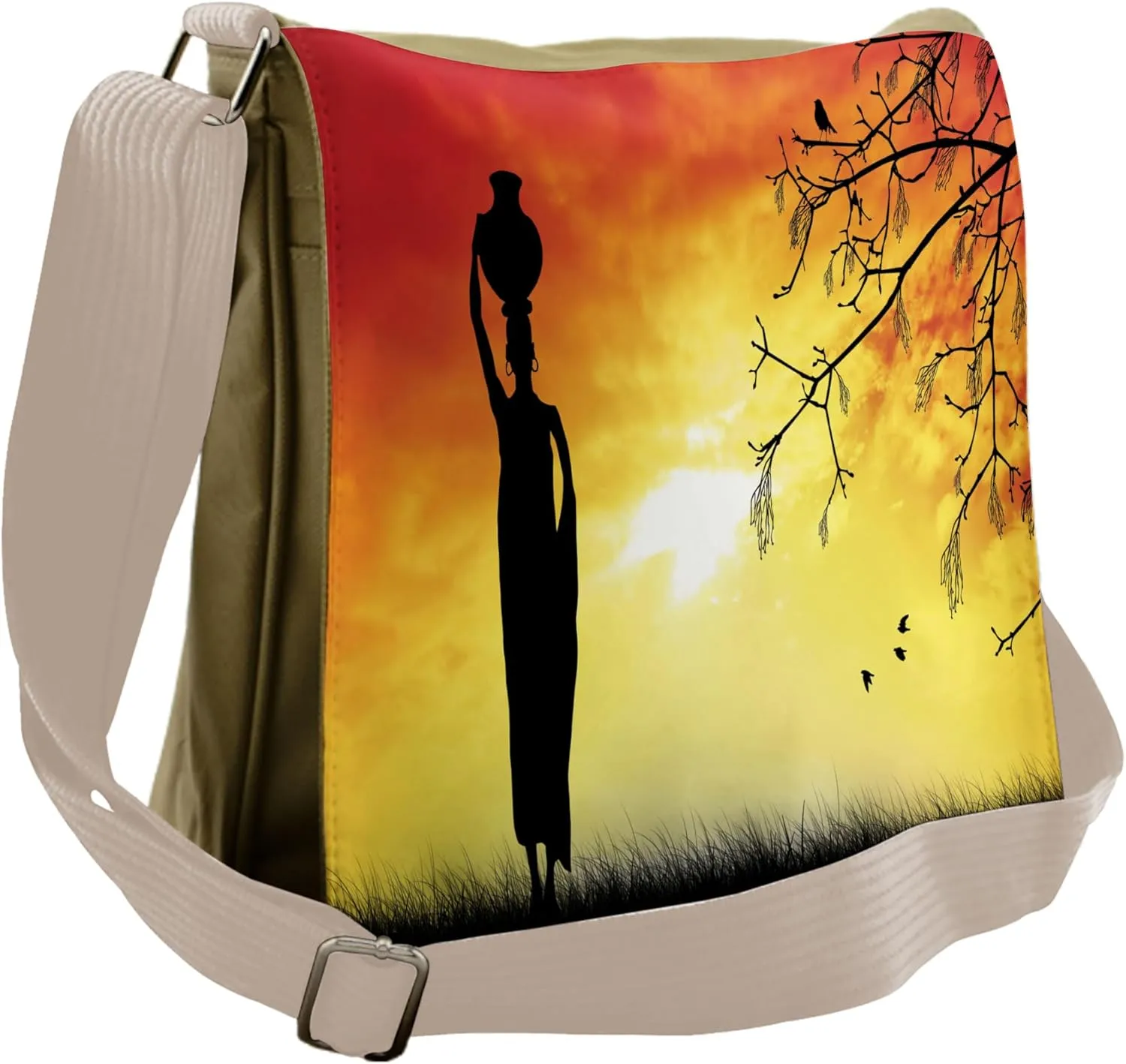 Ambesonne Local Messenger Bag, Lady in Sunset Savannah Art, Unisex Cross-body