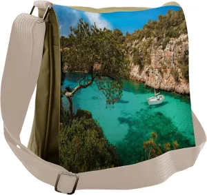 Ambesonne Nature Messenger Bag, Yacht on Sea Scenic View, Unisex Cross-body