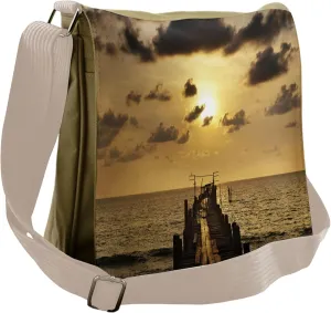 Ambesonne Nautical Messenger Bag, Old Wood Deck Sunset, Unisex Cross-body