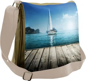 Ambesonne Nautical Messenger Bag, Yacht and Wooden Deck, Unisex Cross-body