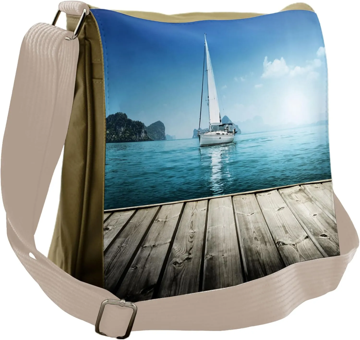Ambesonne Nautical Messenger Bag, Yacht and Wooden Deck, Unisex Cross-body