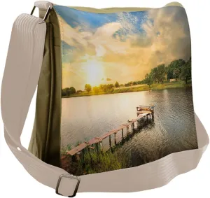 Ambesonne Outdoor Messenger Bag, Wood Deck Lake Foliage, Unisex Cross-body