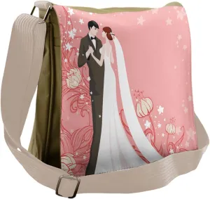 Ambesonne Pink Messenger Bag, Bride Groom Dancing Floral, Unisex Cross-body