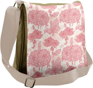 Ambesonne Romance Messenger Bag, Pink Flowers and Leaves, Unisex Cross-body