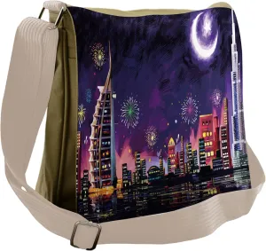 Ambesonne Scenery Messenger Bag, Night Dubai Skyscraper, Unisex Cross-body
