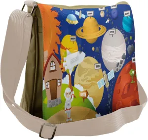 Ambesonne Science Messenger Bag, Cartoon Outer Space, Unisex Cross-body