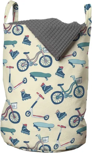 Ambesonne Sport Laundry Bag, Bicycles Skates Boards Wheeled Physical Activity Equipment Lifestyle Pattern, Hamper Basket with Handles Drawstring Closure for Laundromats, 13" x 19", Blue Coral Beige