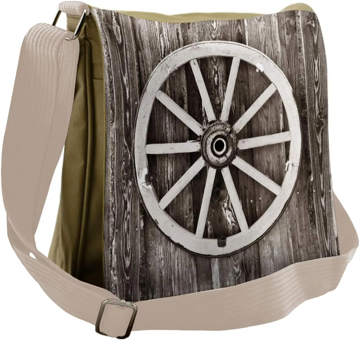 Ambesonne Wagon Wheel Messenger Bag, Timber Wall, Unisex Cross-body