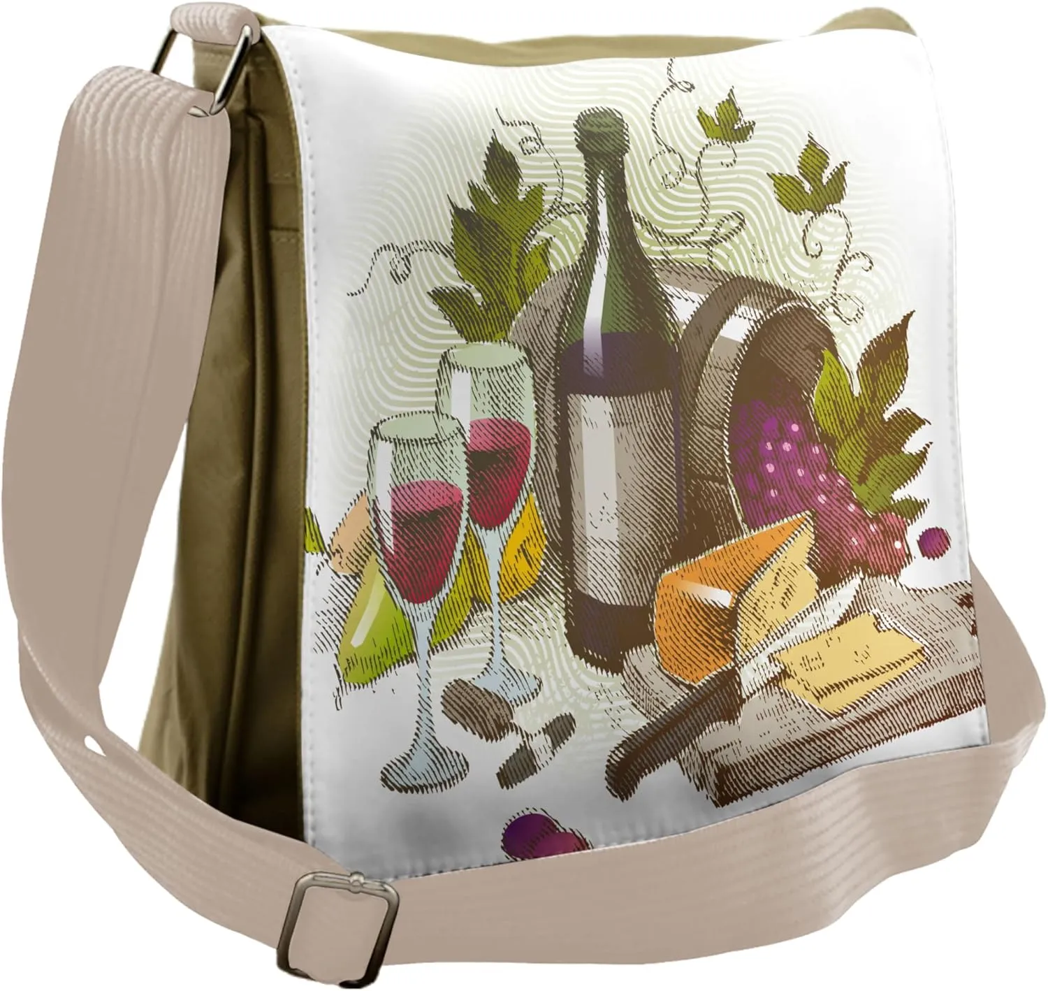 Ambesonne Wine Messenger Bag, Vintage Wine and Cheese, Unisex Cross-body