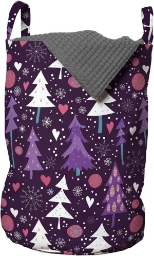 Ambesonne Winter Laundry Bag, Spruce Pine Trees in Modern Colors Christmas Love Snowflakes Woodland, Hamper Basket with Handles Drawstring Closure for Laundromats, 13" x 19", Dark Purple Multicolor