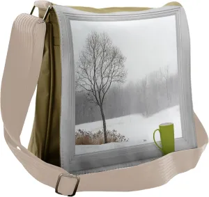 Ambesonne Winter Messenger Bag, Green Teacup and Window, Unisex Cross-body