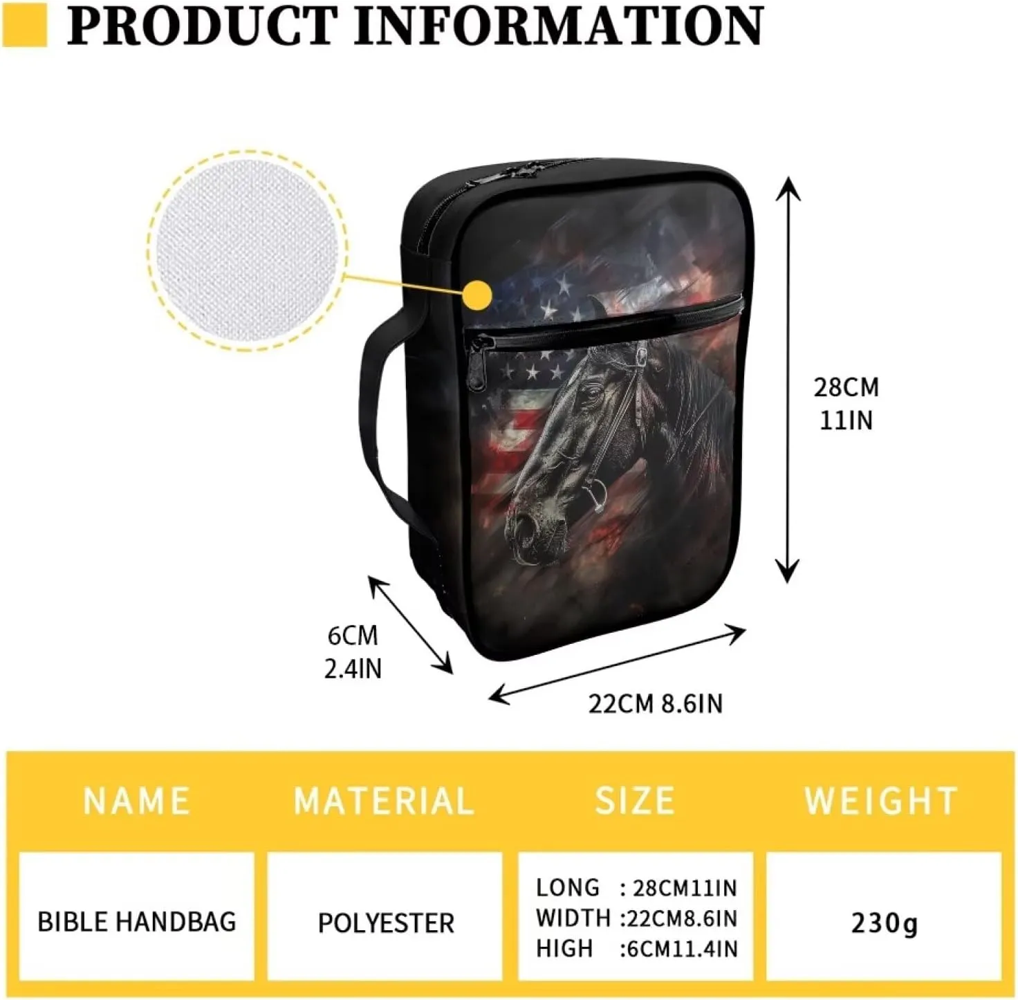 American Flag Horse Patriotic Bible Cover Carrying Book Case Independence Day July 4 Church Bag Bible Protective with Handle and Zippered
