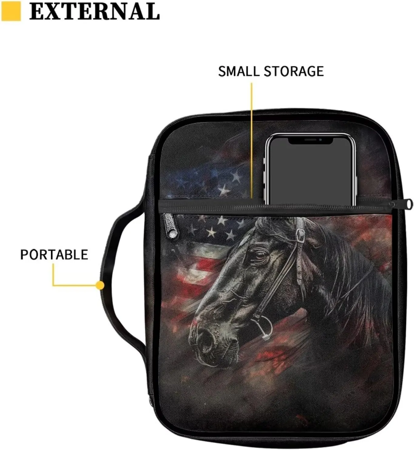 American Flag Horse Patriotic Bible Cover Carrying Book Case Independence Day July 4 Church Bag Bible Protective with Handle and Zippered
