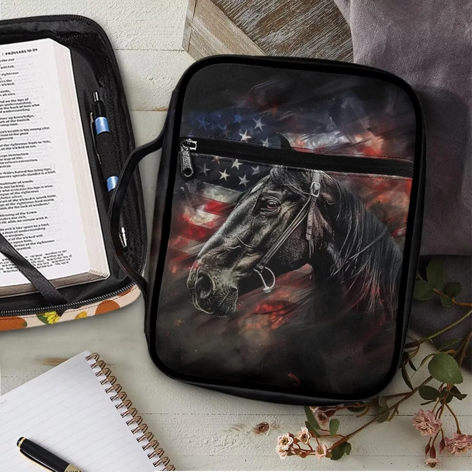 American Flag Horse Patriotic Bible Cover Carrying Book Case Independence Day July 4 Church Bag Bible Protective with Handle and Zippered