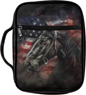 American Flag Horse Patriotic Bible Cover Carrying Book Case Independence Day July 4 Church Bag Bible Protective with Handle and Zippered