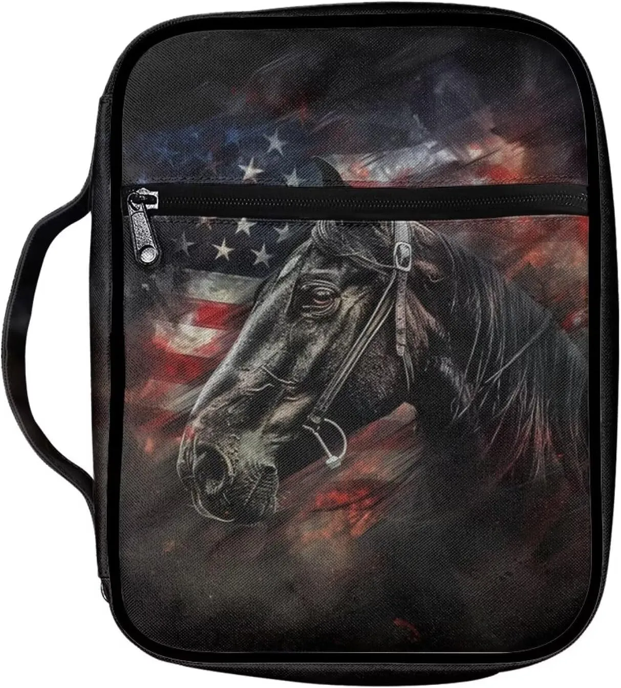 American Flag Horse Patriotic Bible Cover Carrying Book Case Independence Day July 4 Church Bag Bible Protective with Handle and Zippered