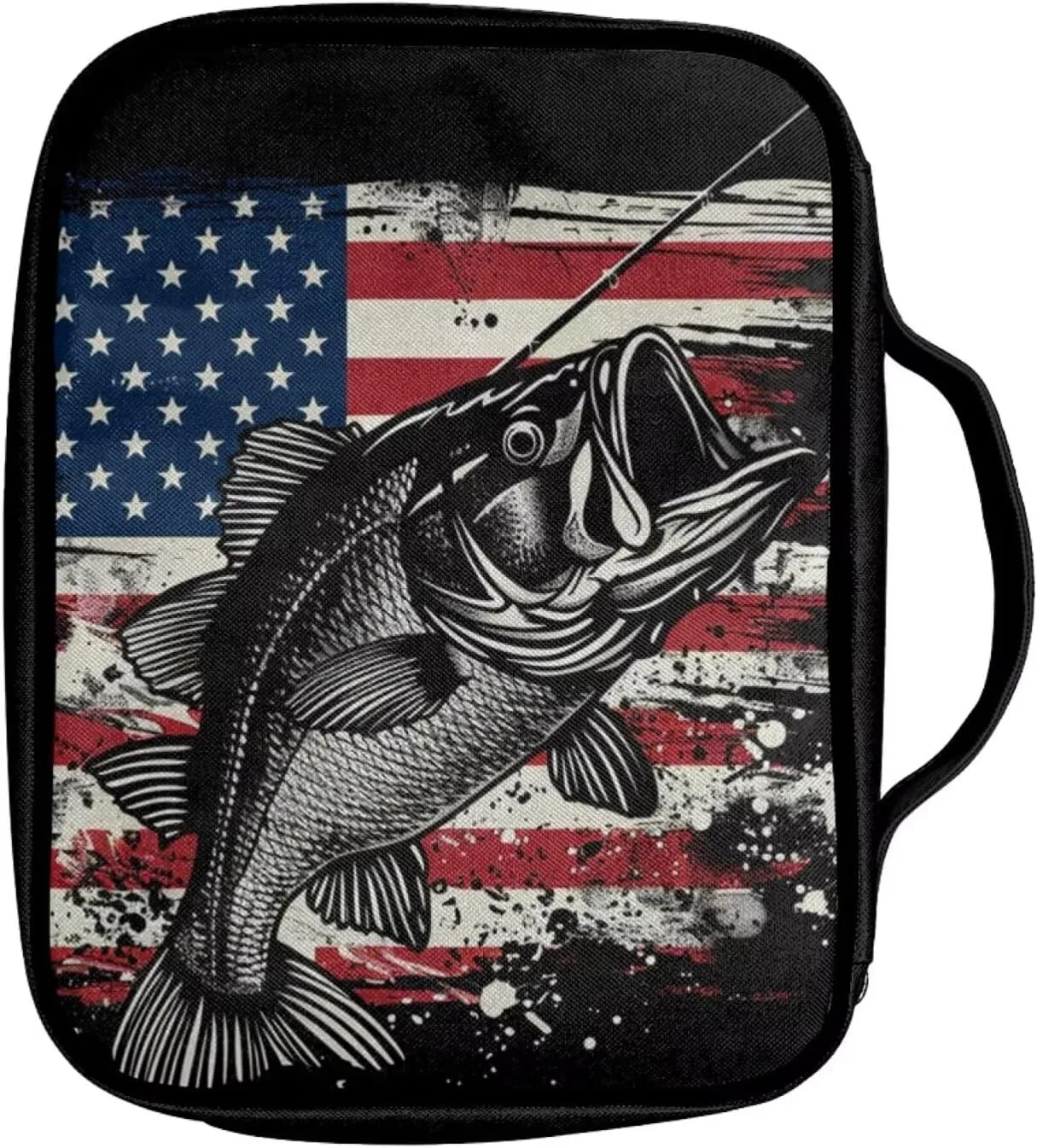 American Flag Patriot Bible Cover for Men Women Bass Fish Print Large Capacity Bible Carrying Case with Zipper and Pockets Portable Bible Tote Bag