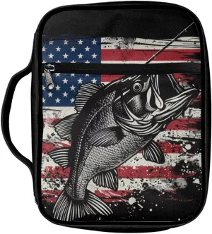 American Flag Patriot Bible Cover for Men Women Bass Fish Print Large Capacity Bible Carrying Case with Zipper and Pockets Portable Bible Tote Bag