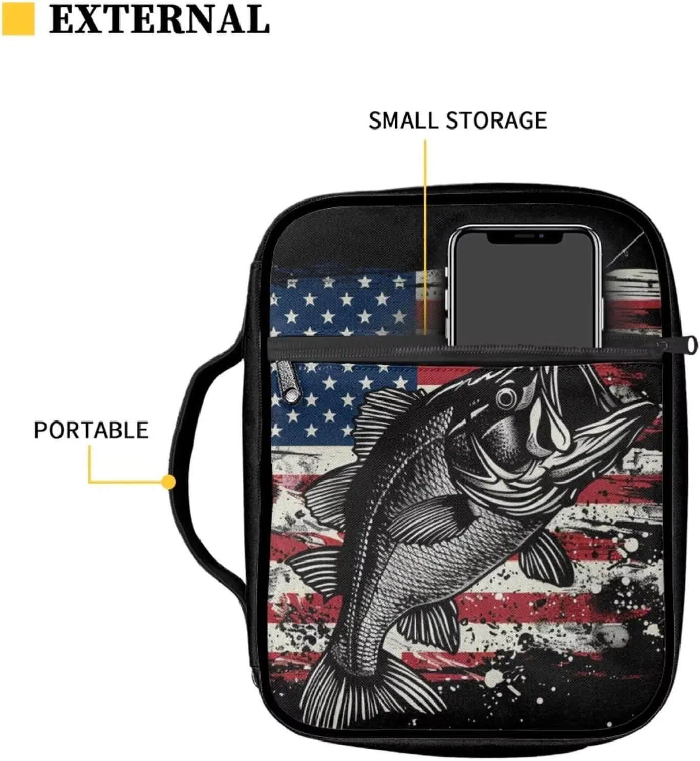 American Flag Patriot Bible Cover for Men Women Bass Fish Print Large Capacity Bible Carrying Case with Zipper and Pockets Portable Bible Tote Bag