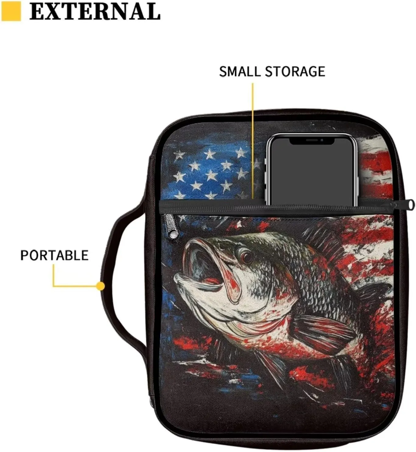 American Flag Patriotic Bible Covers for Men Women Bass Fish Print Bible Bag with Handle Carrying Tote Bag Church Bag Scripture Study Bible Protector