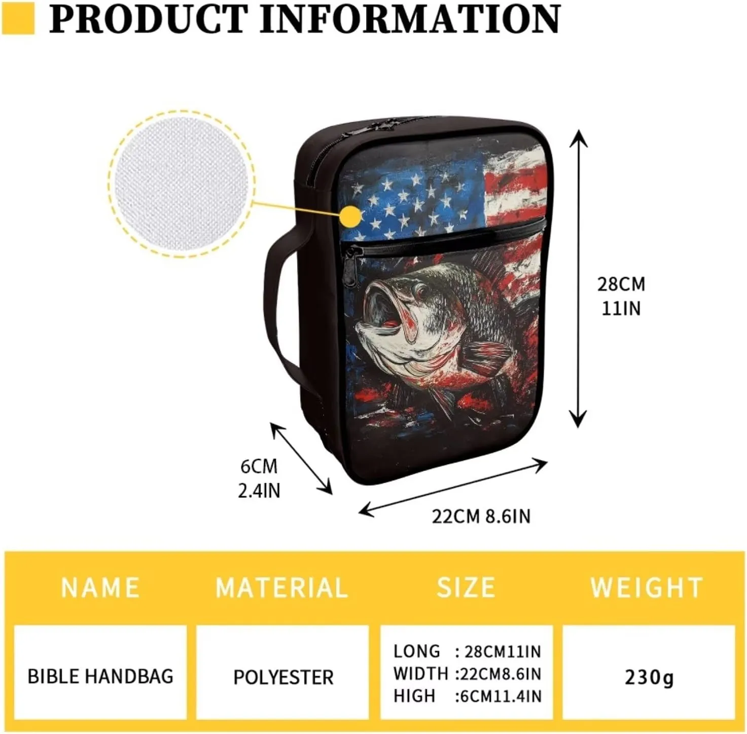 American Flag Patriotic Bible Covers for Men Women Bass Fish Print Bible Bag with Handle Carrying Tote Bag Church Bag Scripture Study Bible Protector