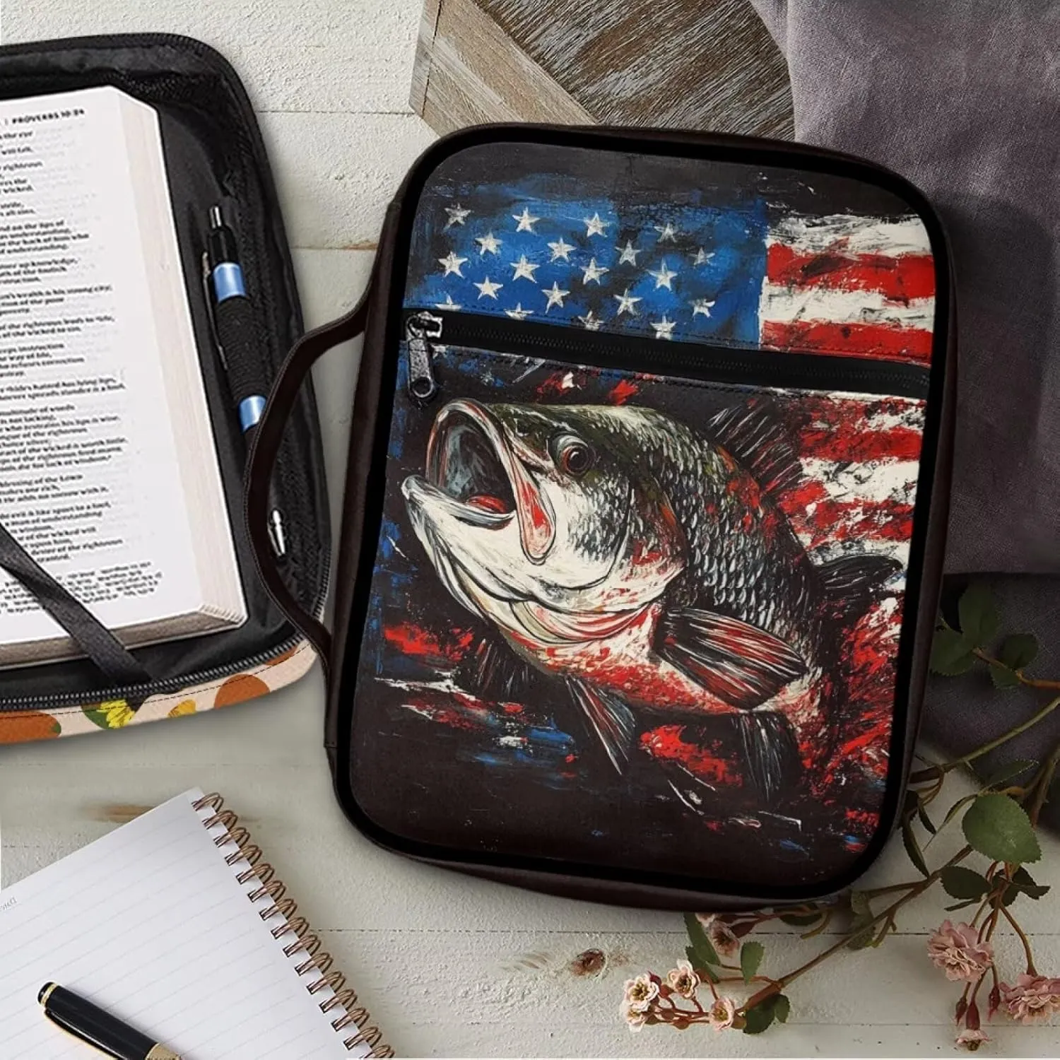 American Flag Patriotic Bible Covers for Men Women Bass Fish Print Bible Bag with Handle Carrying Tote Bag Church Bag Scripture Study Bible Protector