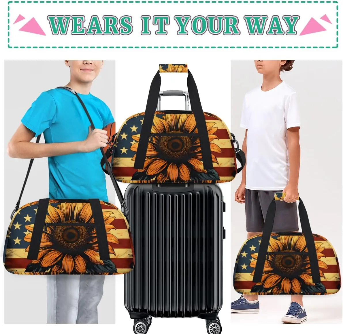 American Flag Sunflower Boys Girls Gym Bag Dance Perform Training Duffel Bags Weekender Carry-On Tote Luggage Bag Ideal for School Practice or Overnight Trips Flag
