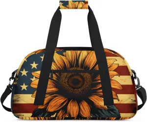 American Flag Sunflower Boys Girls Gym Bag Dance Perform Training Duffel Bags Weekender Carry-On Tote Luggage Bag Ideal for School Practice or Overnight Trips Flag