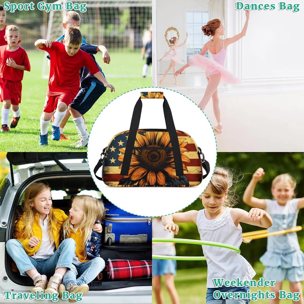 American Flag Sunflower Boys Girls Gym Bag Dance Perform Training Duffel Bags Weekender Carry-On Tote Luggage Bag Ideal for School Practice or Overnight Trips Flag