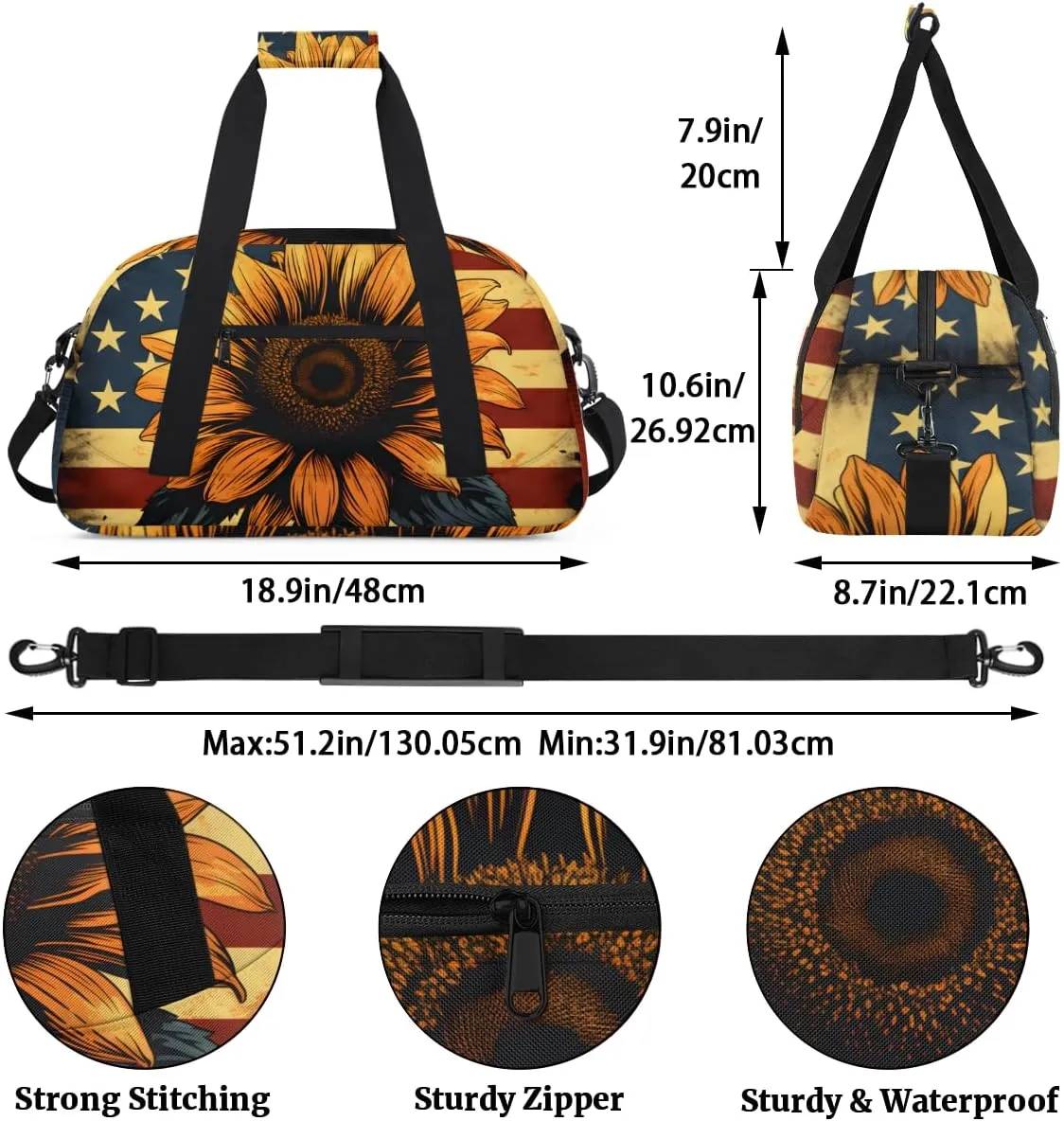 American Flag Sunflower Boys Girls Gym Bag Dance Perform Training Duffel Bags Weekender Carry-On Tote Luggage Bag Ideal for School Practice or Overnight Trips Flag