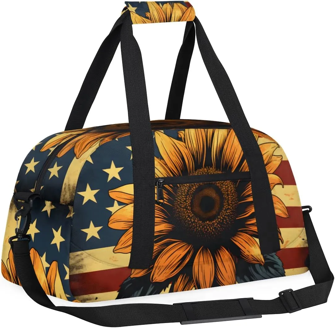 American Flag Sunflower Boys Girls Gym Bag Dance Perform Training Duffel Bags Weekender Carry-On Tote Luggage Bag Ideal for School Practice or Overnight Trips Flag