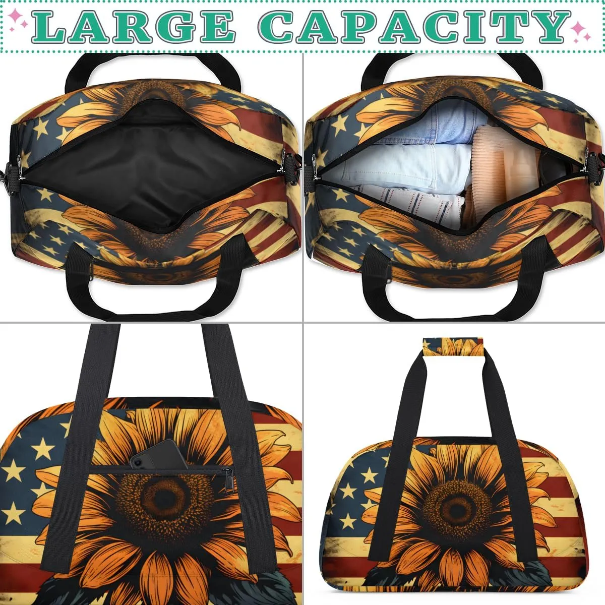 American Flag Sunflower Boys Girls Gym Bag Dance Perform Training Duffel Bags Weekender Carry-On Tote Luggage Bag Ideal for School Practice or Overnight Trips Flag