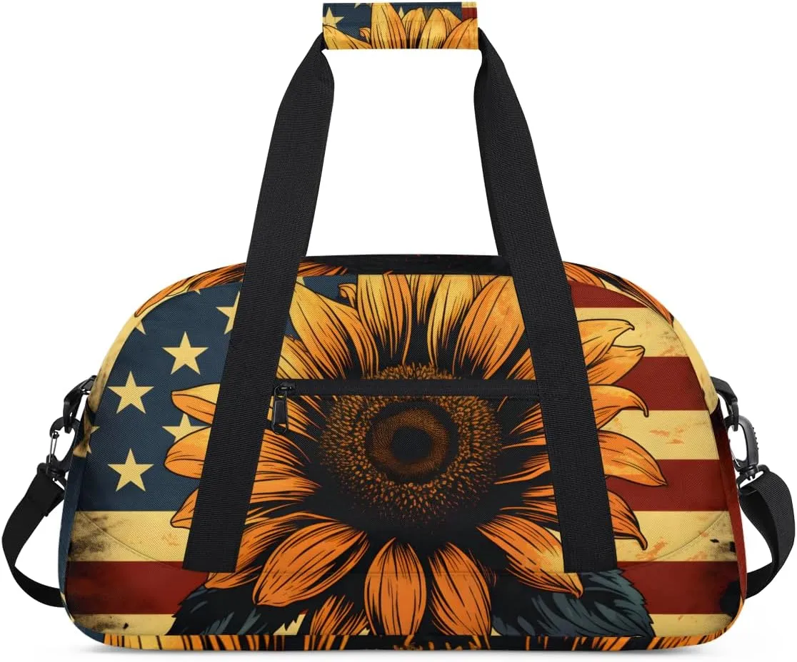 American Flag Sunflower Boys Girls Gym Bag Dance Perform Training Duffel Bags Weekender Carry-On Tote Luggage Bag Ideal for School Practice or Overnight Trips Flag