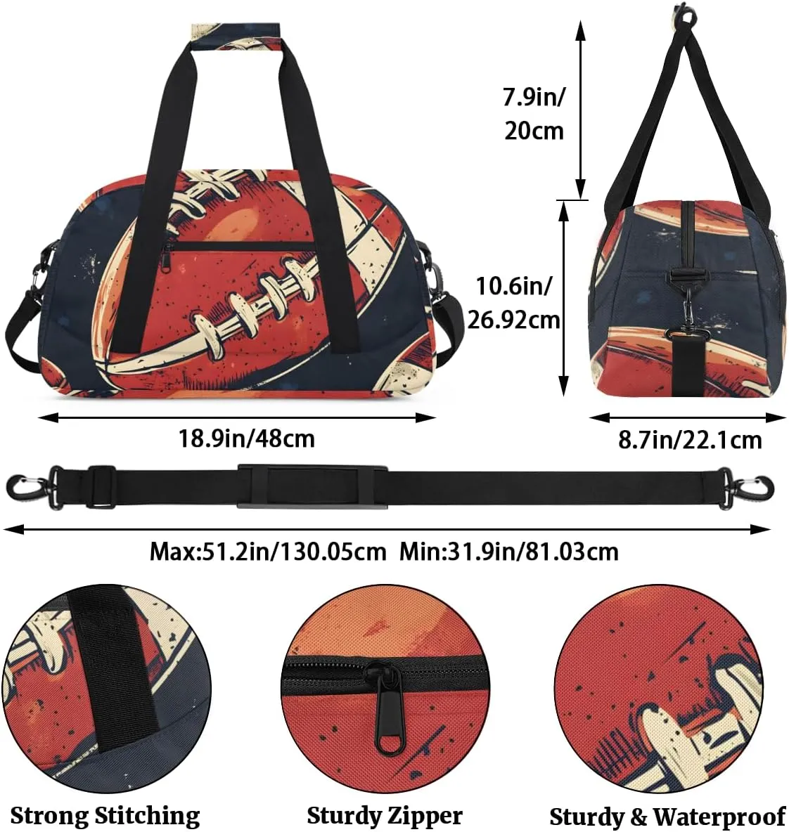 American Football Boys Girls Gym Bag Dance Perform Training Duffel Bags Weekender Carry-On Tote Luggage Bag Ideal for School Practice or Overnight Trips