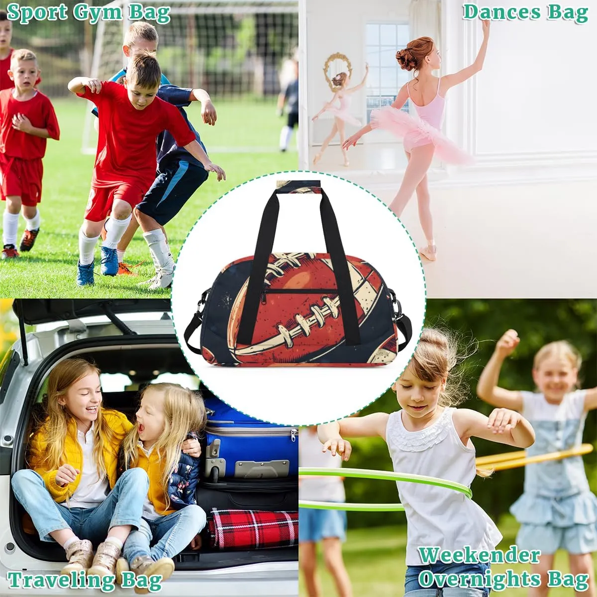 American Football Boys Girls Gym Bag Dance Perform Training Duffel Bags Weekender Carry-On Tote Luggage Bag Ideal for School Practice or Overnight Trips