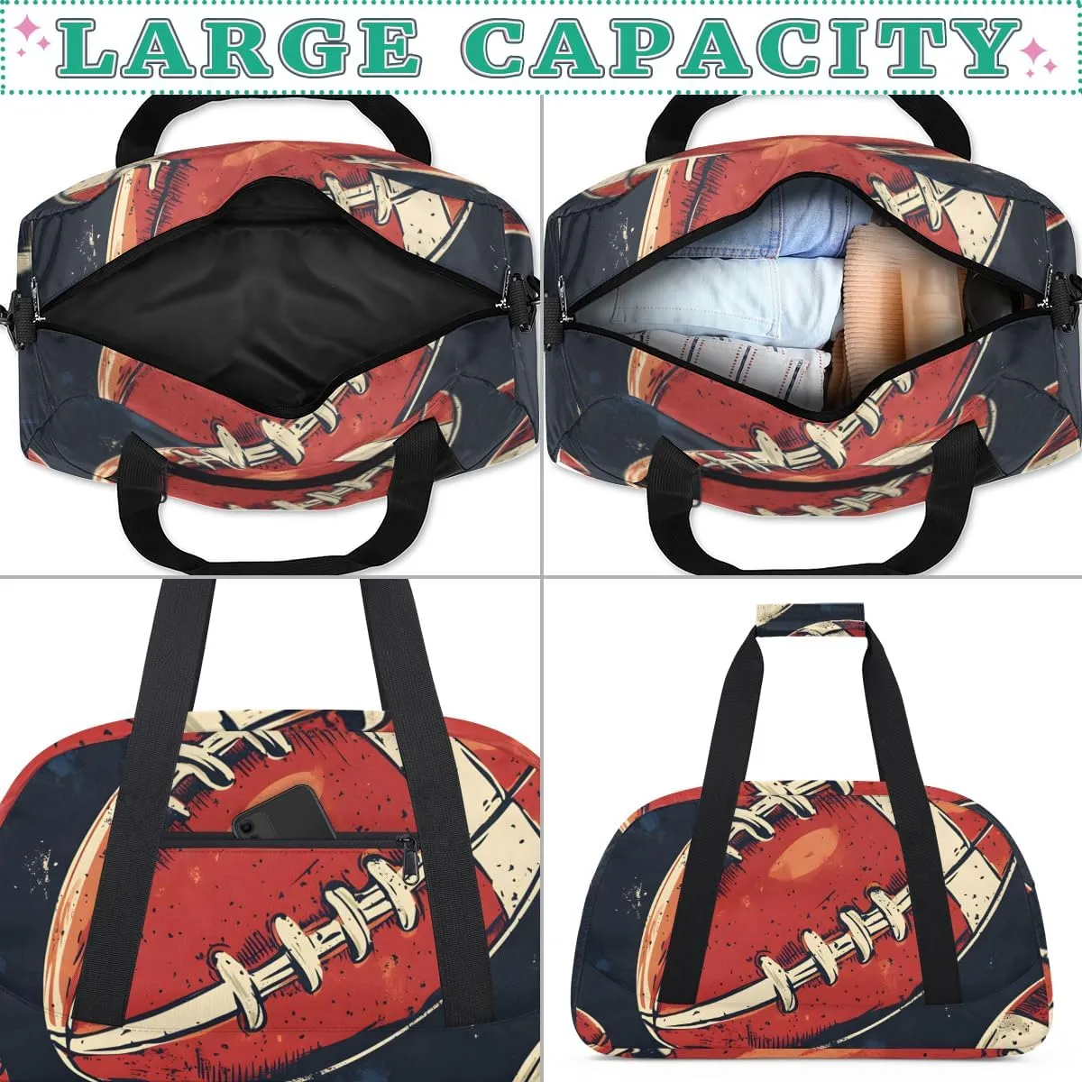 American Football Boys Girls Gym Bag Dance Perform Training Duffel Bags Weekender Carry-On Tote Luggage Bag Ideal for School Practice or Overnight Trips