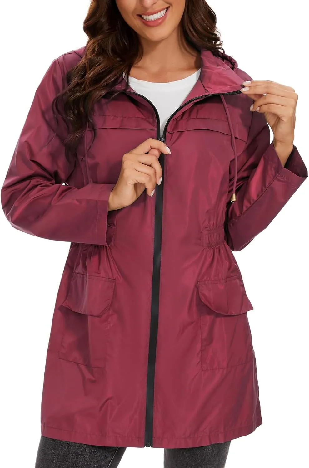 American Trends Rain Jacket Women Waterproof with Hood Windbreaker Jacket Travel Rain Coat Packable Lightweight Long Raincoat
