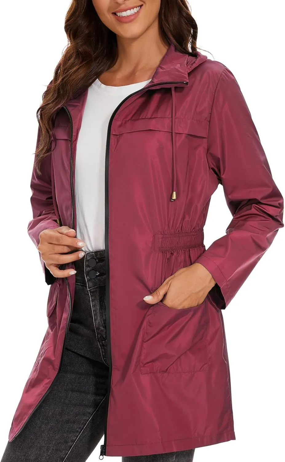 American Trends Rain Jacket Women Waterproof with Hood Windbreaker Jacket Travel Rain Coat Packable Lightweight Long Raincoat