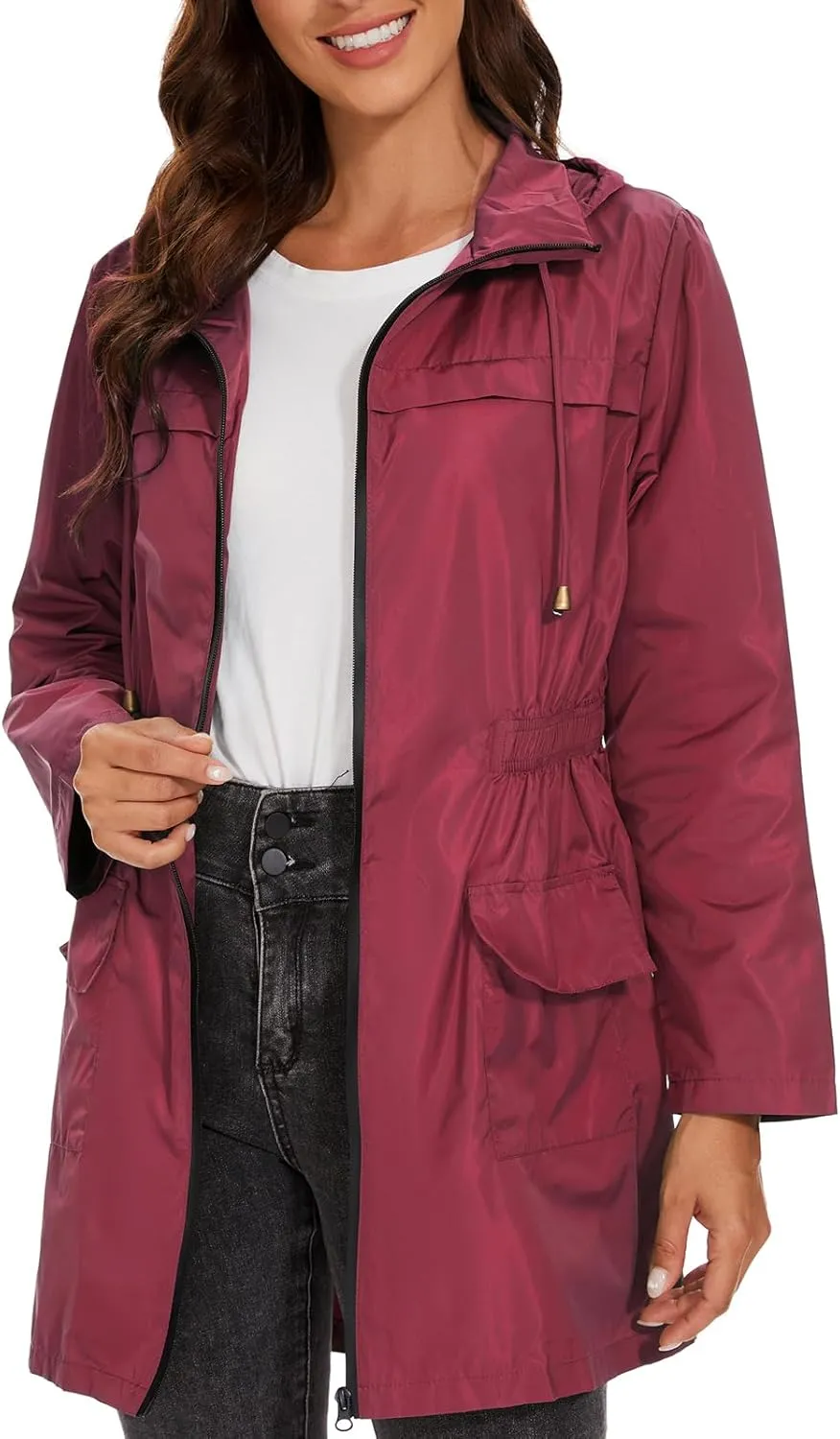 American Trends Rain Jacket Women Waterproof with Hood Windbreaker Jacket Travel Rain Coat Packable Lightweight Long Raincoat