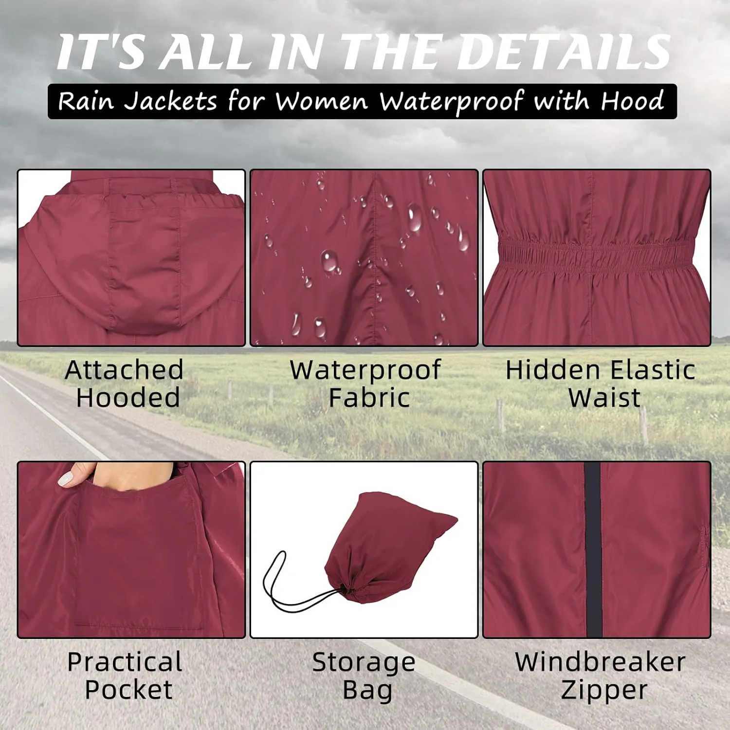 American Trends Rain Jacket Women Waterproof with Hood Windbreaker Jacket Travel Rain Coat Packable Lightweight Long Raincoat