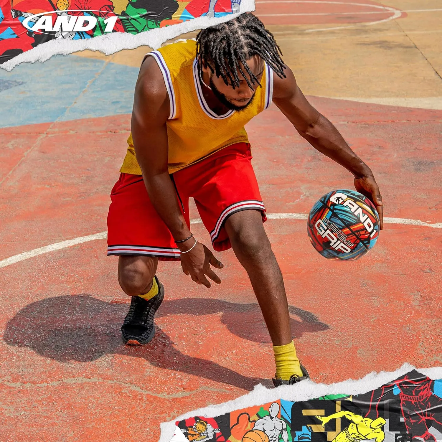 AND1 Supreme Grip Official Regulation Size 7 (29.5 inches) Rubber Basketball - Deep Channel Construction Streetball, Made for Indoor Outdoor Games