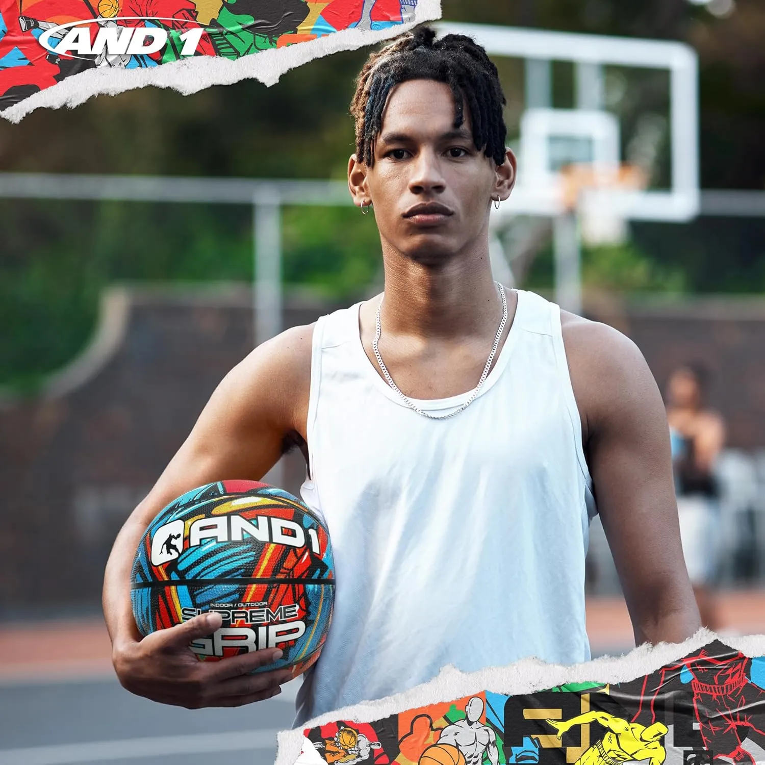 AND1 Supreme Grip Official Regulation Size 7 (29.5 inches) Rubber Basketball - Deep Channel Construction Streetball, Made for Indoor Outdoor Games