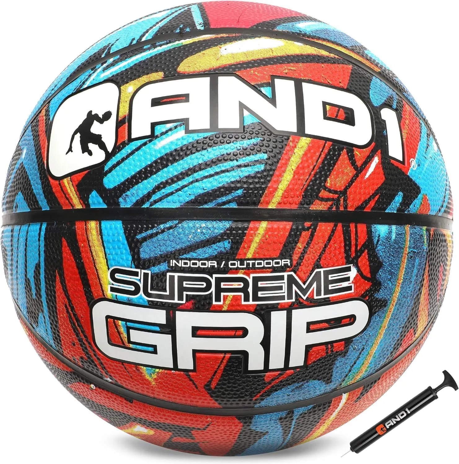 AND1 Supreme Grip Official Regulation Size 7 (29.5 inches) Rubber Basketball - Deep Channel Construction Streetball, Made for Indoor Outdoor Games
