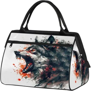 Angry Black Wolf Travel Duffle Bag, Waterproof Duffel Bag Weekender Overnight Carry On Bag Lightweight Sport Gym Bag for Men Women