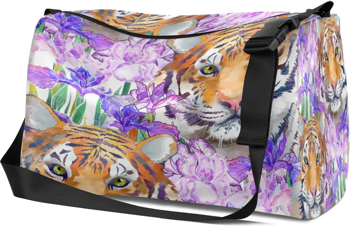 Animal Tiger Flower Small Gym Bag for Men Women Workout Sport Duffle Bag Waterproof Weekender Overnight Bag Lightweight Carry on Tote Bag Crossbody Shoulder Travel Bag for Swim Yoge Dance