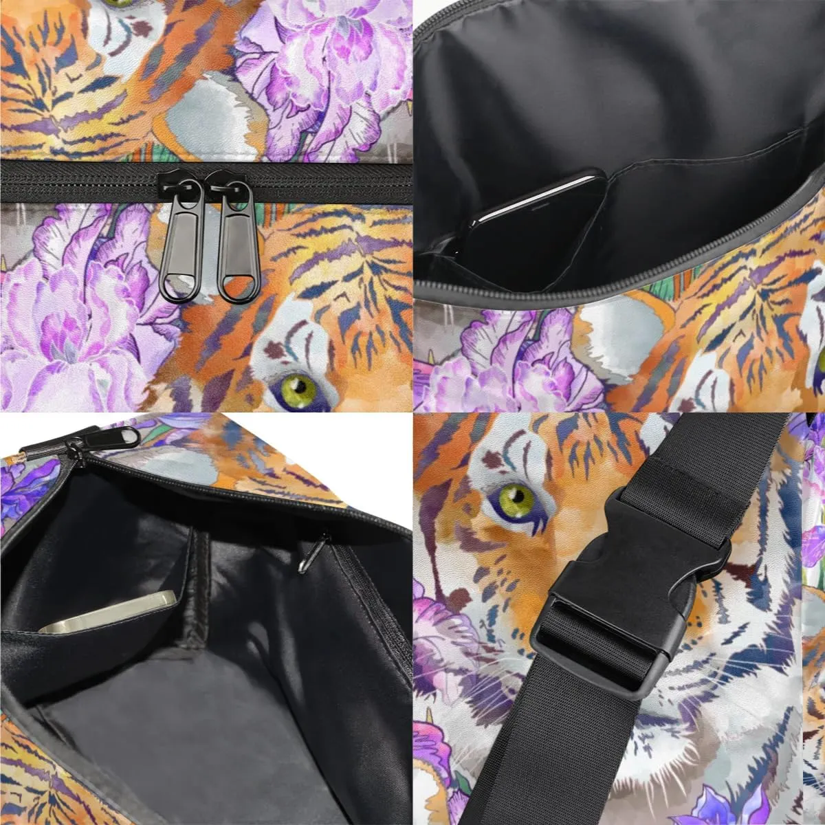 Animal Tiger Flower Small Gym Bag for Men Women Workout Sport Duffle Bag Waterproof Weekender Overnight Bag Lightweight Carry on Tote Bag Crossbody Shoulder Travel Bag for Swim Yoge Dance