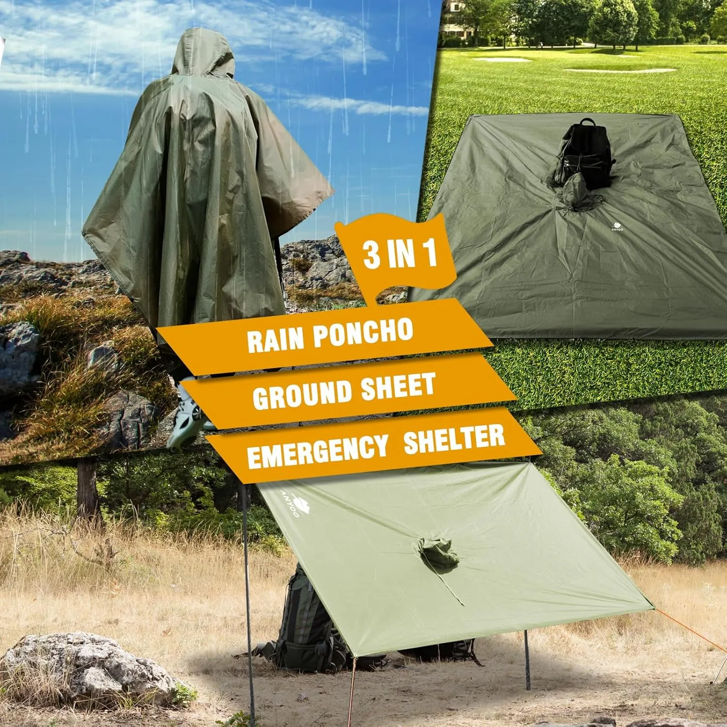 ANYOO Hooded Rain Poncho for Adults Waterproof Lightweight Rain Coat for Men Women Reusable Rain Jacket for Emergency Outdoor