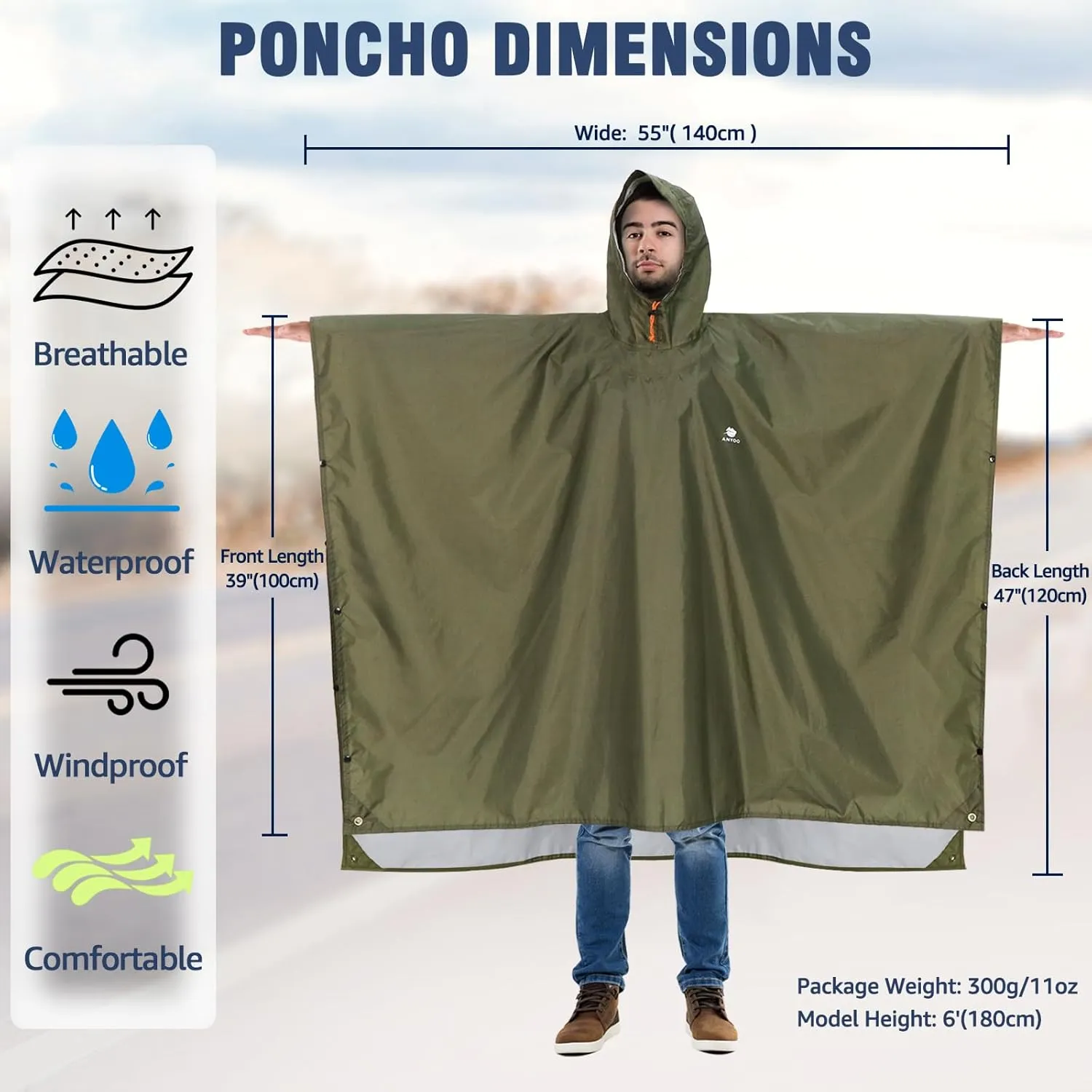 ANYOO Hooded Rain Poncho for Adults Waterproof Lightweight Rain Coat for Men Women Reusable Rain Jacket for Emergency Outdoor